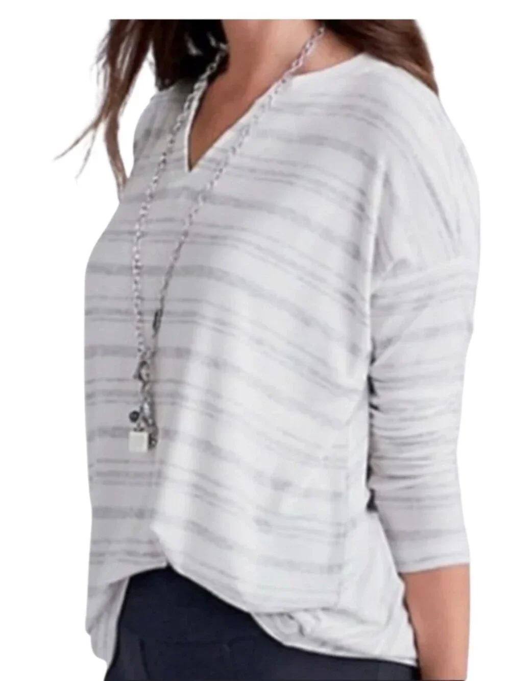 Cabi ATC Habit Tee Heather Gray White Stripe Long Sleeve Oversized Top M